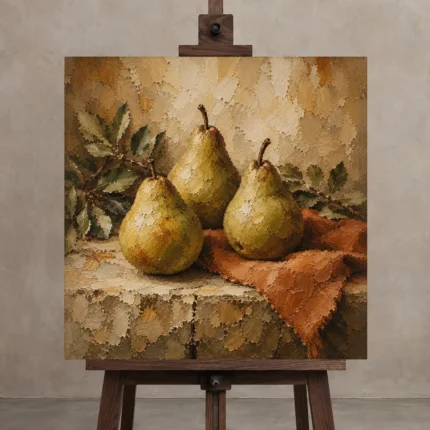 Pear Green & Terracotta Old-World Fruit Kitchen Wall Art Canvas Print displayed on a studio easel