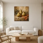 Pear Green & Terracotta Old-World Fruit Kitchen Wall Art Canvas Print styled in a refined neutral interior