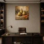 Pear Green & Terracotta Old-World Fruit Kitchen Wall Art Canvas Print displayed in a contemporary gallery-inspired room