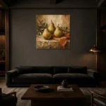 Pear Green & Terracotta Old-World Fruit Kitchen Wall Art Canvas Print shown in a warm modern interior