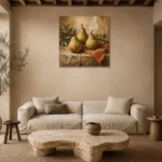 Pear Green & Terracotta Old-World Fruit Kitchen Wall Art Canvas Print presented in a sophisticated home setting