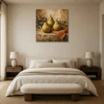 Pear Green & Terracotta Old-World Fruit Kitchen Wall Art Canvas Print showcased in an elegant minimalist interior