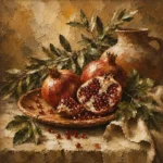 Burnished Ochre & Deep Ruby Pomegranate Fruit Kitchen Wall Art Canvas Print