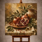 Burnished ochre and deep ruby Fruit Kitchen Wall Art print for elegant interiors. No text or watermarks in design.