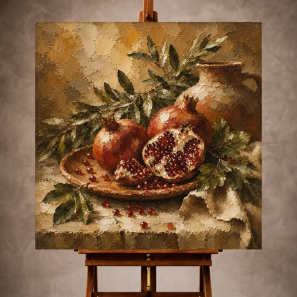 Burnished ochre and deep ruby Fruit Kitchen Wall Art print for elegant interiors. No text or watermarks in design.