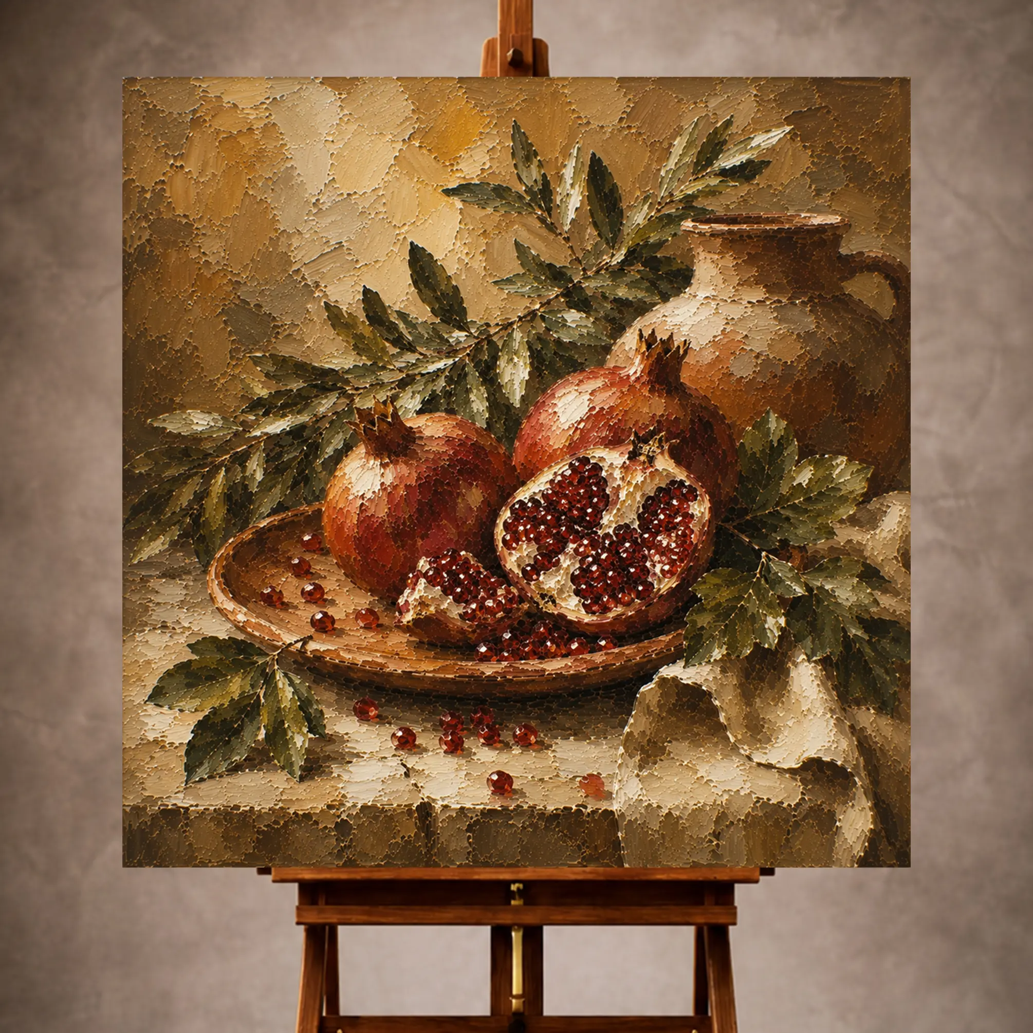 Premium Wall Art Kare Html Edition – KITCHENWALL050 Image 1 Burnished ochre and deep ruby Fruit Kitchen Wall Art print for elegant interiors. No text or watermarks in design.