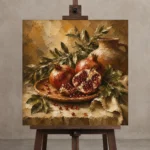 Burnished Ochre & Deep Ruby Pomegranate Fruit Kitchen Wall Art Canvas Print displayed on a studio easel