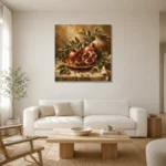 Burnished Ochre & Deep Ruby Pomegranate Fruit Kitchen Wall Art Canvas Print styled in a refined neutral interior