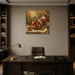 Burnished Ochre & Deep Ruby Pomegranate Fruit Kitchen Wall Art Canvas Print displayed in a contemporary gallery-inspired room