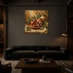 Burnished Ochre & Deep Ruby Pomegranate Fruit Kitchen Wall Art Canvas Print shown in a warm modern interior