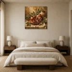Burnished Ochre & Deep Ruby Pomegranate Fruit Kitchen Wall Art Canvas Print showcased in an elegant minimalist interior