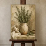 Sage Green Rosemary Herb Wall Art Canvas Print displayed on a studio easel