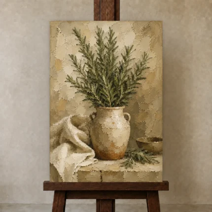 Sage Green Rosemary Herb Wall Art Canvas Print shown in Studio Easel