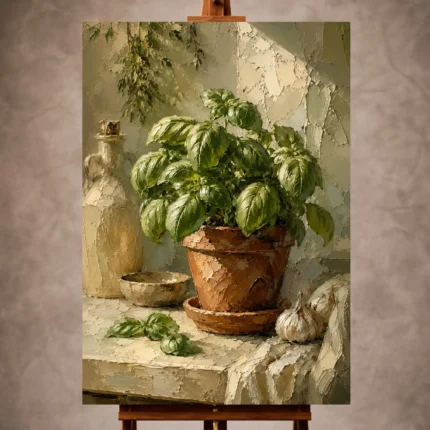 Olive green fresh refined Herb Wall Art print for elegant interiors. No text or watermarks in design.