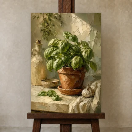 Olive Green Basil Herb Wall Art Canvas Print shown in Studio Easel