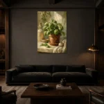 Olive Green Basil Herb Wall Art Canvas Print shown in a warm modern interior