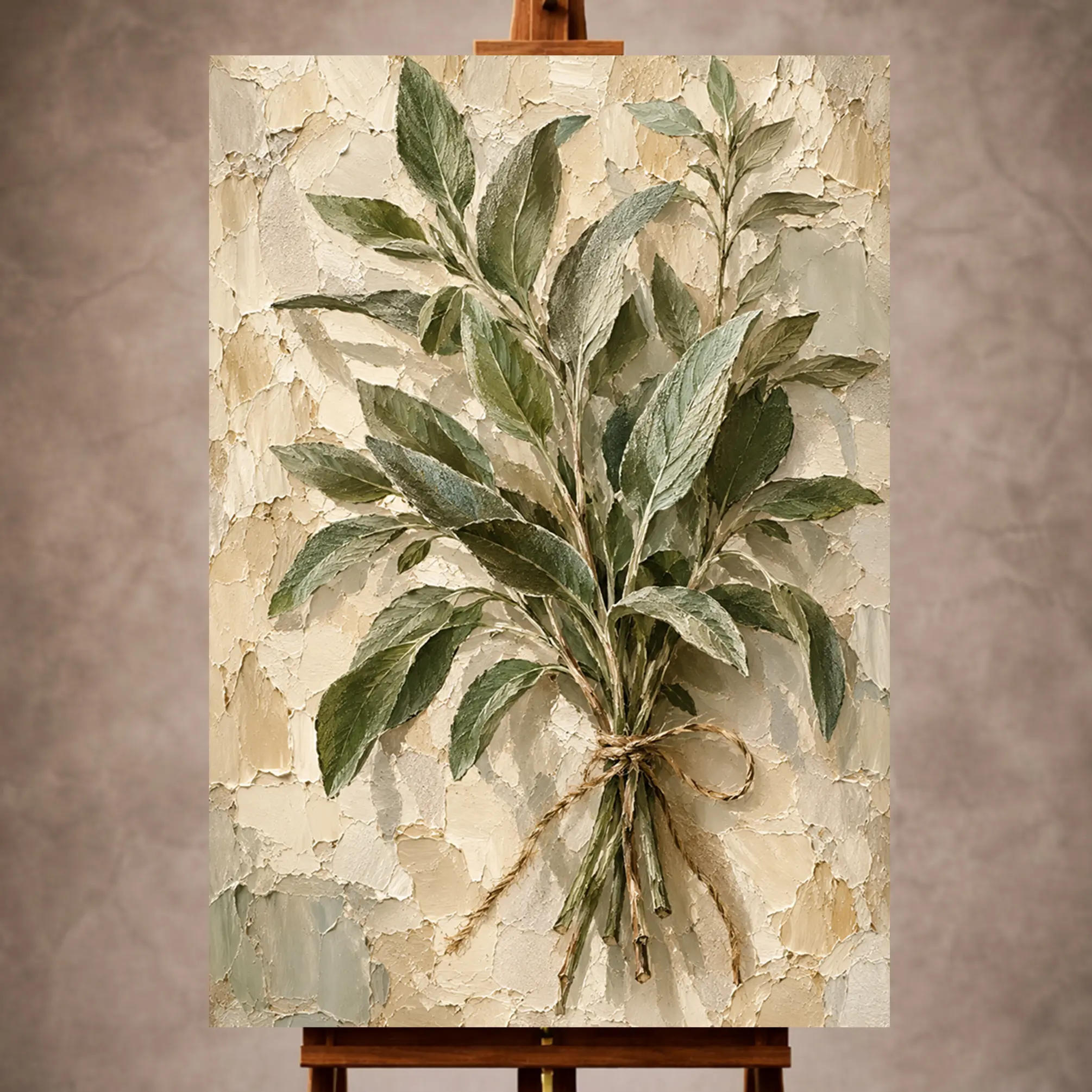 Premium Wall Art Dikey Html Edition – KITCHENWALL053 Image 1 Sage and ivory serene Herb Wall Art print for elegant interiors. No text or watermarks in design.
