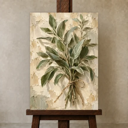 Sage & Ivory Herbarium Herb Wall Art Canvas Print shown in Studio Easel