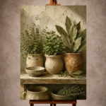 Sage green artisanal culinary Herb Wall Art print for elegant interiors. No text or watermarks in design.