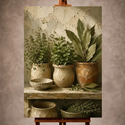 Sage green artisanal culinary Herb Wall Art print for elegant interiors. No text or watermarks in design.