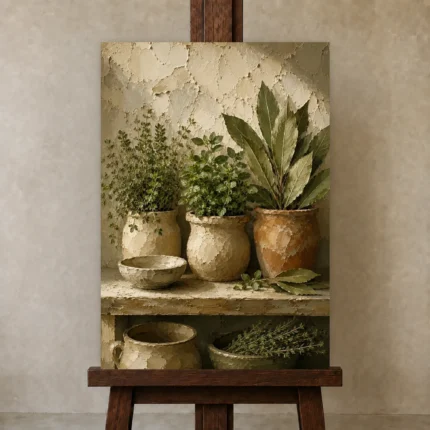 Sage Green Culinary Herb Wall Art Canvas Print shown in Studio Easel
