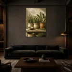 Sage Green Culinary Herb Wall Art Canvas Print shown in a warm modern interior