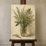 Sage & Olive Mixed Herb Wall Art Canvas Print displayed on a studio easel