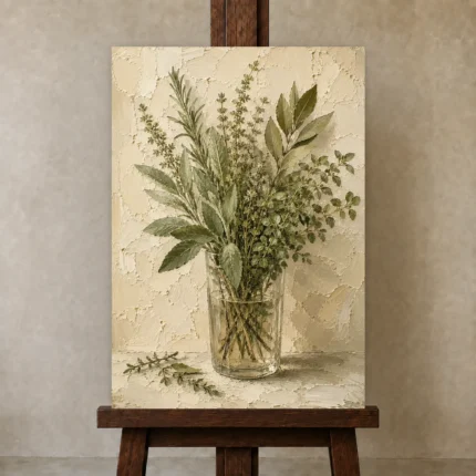 Sage & Olive Mixed Herb Wall Art Canvas Print shown in Studio Easel