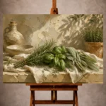 Sage green calm botanical Herb Wall Art print for elegant interiors. No text or watermarks in design.