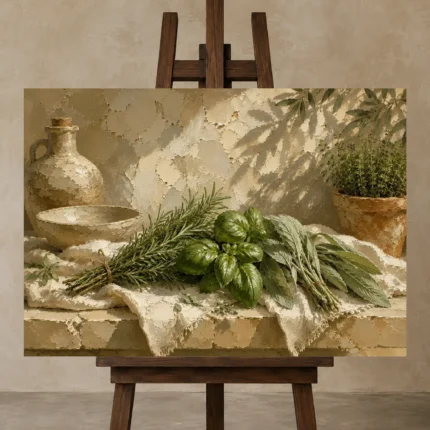 Sage Green Mediterranean Herb Wall Art Canvas Print displayed on a studio easel