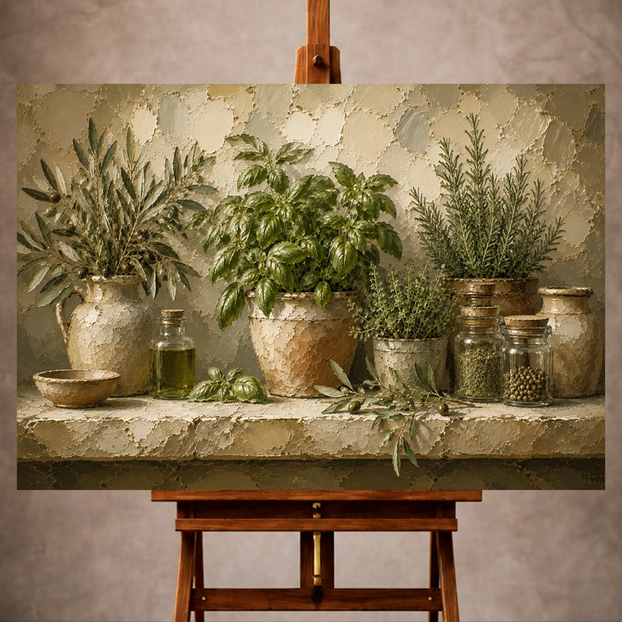 Premium Wall Art Yatay Html Edition – KITCHENWALL057 Image 1 Olive green fresh culinary Herb Wall Art print for elegant interiors. No text or watermarks in design.