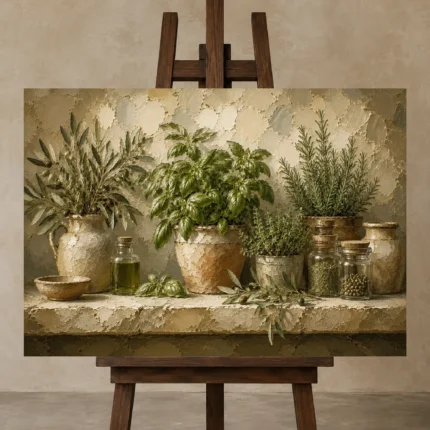Olive Green Pantry Still Life Herb Wall Art Canvas Print displayed on a studio easel