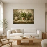 Olive Green Pantry Still Life Herb Wall Art Canvas Print styled in a refined neutral interior