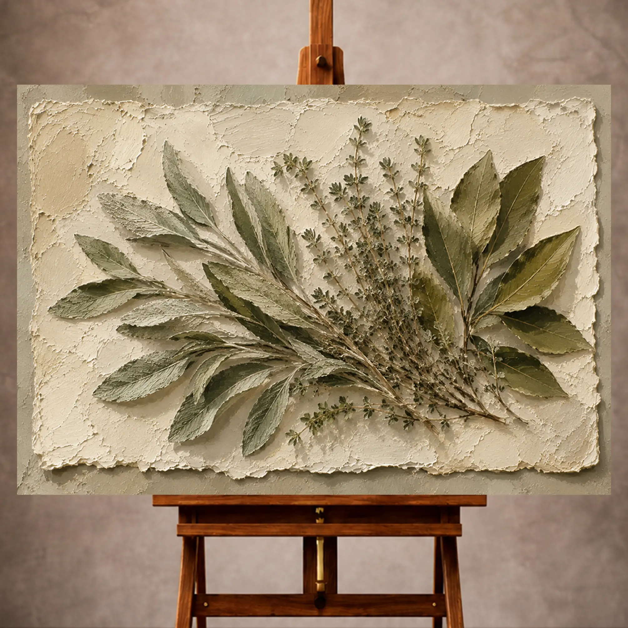 Premium Wall Art Yatay Html Edition – KITCHENWALL058 Image 1 Sage and ivory serene Herb Wall Art print for elegant interiors. No text or watermarks in design.