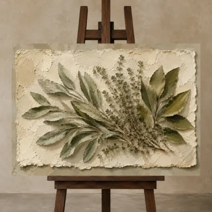 Sage & Ivory Herbarium Herb Wall Art Canvas Print displayed on a studio easel