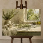 Sage Green Morning Window Herb Wall Art Canvas Print displayed on a studio easel
