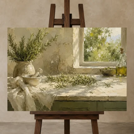 Sage Green Morning Window Herb Wall Art Canvas Print displayed on a studio easel