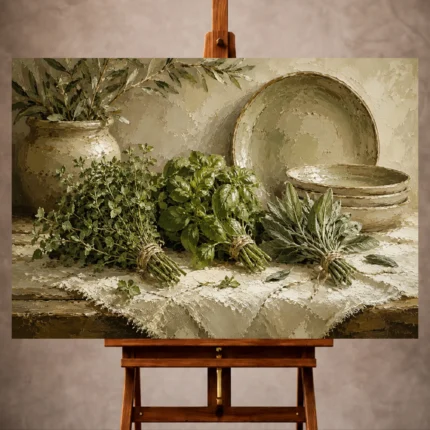 Sage and olive artisanal quiet luxury Herb Wall Art print for elegant interiors. No text or watermarks in design.