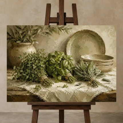 Sage & Olive Atelier Herb Wall Art Canvas Print displayed on a studio easel