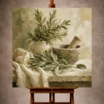 Sage green quiet culinary Herb Wall Art print for elegant interiors. No text or watermarks in design.