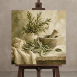 Sage Green Mortar & Pestle Herb Wall Art Canvas Print displayed on a studio easel