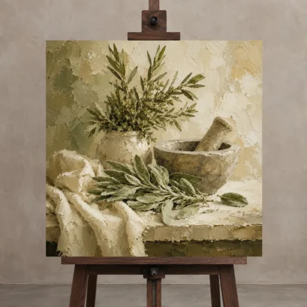 Sage Green Mortar & Pestle Herb Wall Art Canvas Print displayed on a studio easel