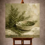 Rosemary green serene Mediterranean Herb Wall Art print for elegant interiors. No text or watermarks in design.