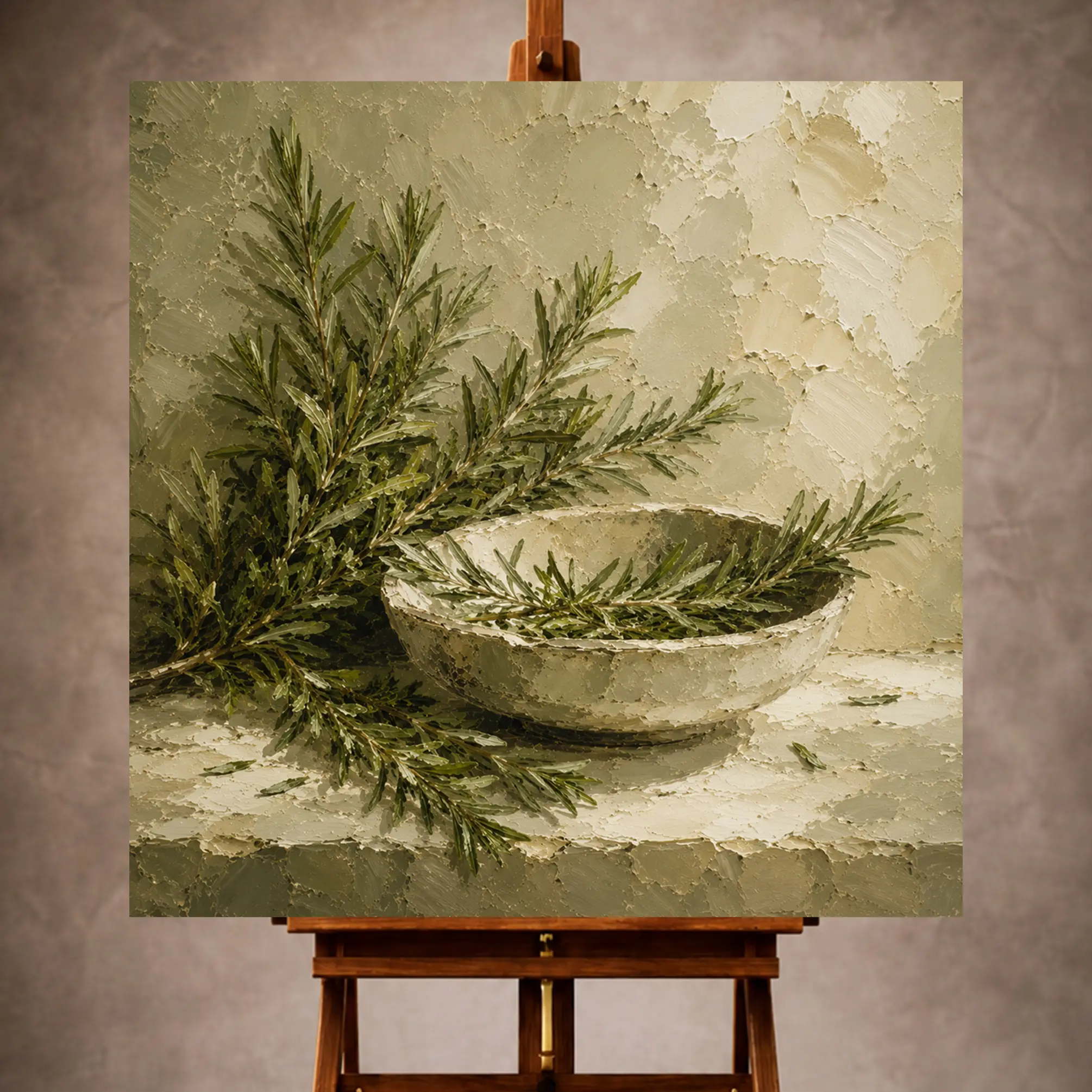 Premium Wall Art Kare Html Edition – KITCHENWALL062 Image 1 Rosemary green serene Mediterranean Herb Wall Art print for elegant interiors. No text or watermarks in design.