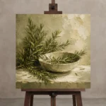 Rosemary Green Mediterranean Herb Wall Art Canvas Print displayed on a studio easel