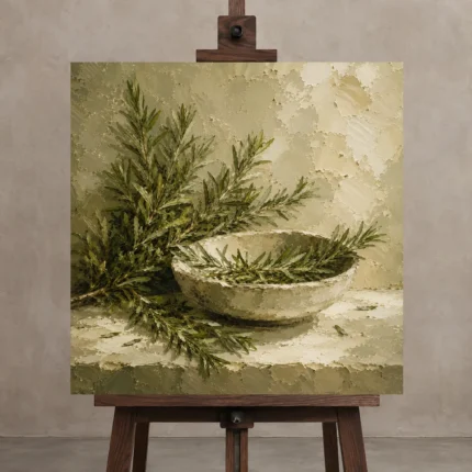 Rosemary Green Mediterranean Herb Wall Art Canvas Print displayed on a studio easel