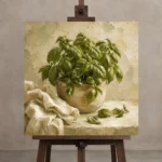 Fresh Olive Green Basil Herb Wall Art Canvas Print displayed on a studio easel