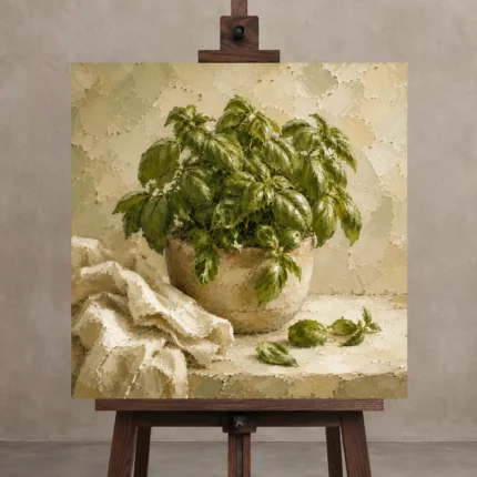 Fresh Olive Green Basil Herb Wall Art Canvas Print shown in Studio Easel