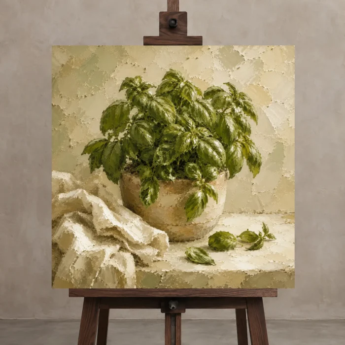 Fresh Olive Green Basil Herb Wall Art Canvas Print displayed on a studio easel