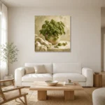 Fresh Olive Green Basil Herb Wall Art Canvas Print styled in a refined neutral interior